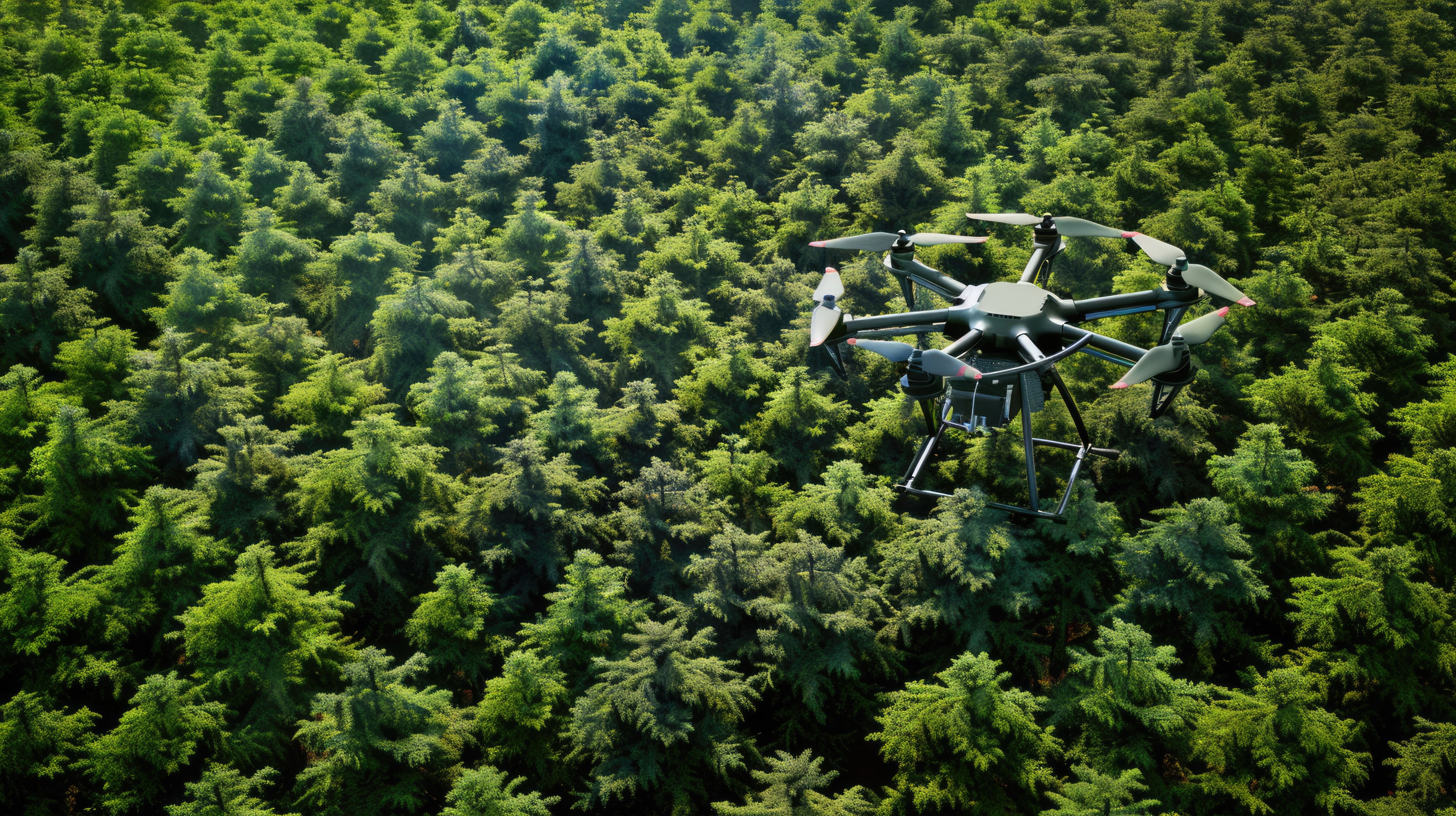 A drone flying over a dense forest, showing the green canopy and wildlife below AIG62